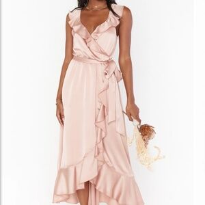 Show Me Your Mumu Samantha Ruffle Wrap Dress Rose Gold Luxe Satin
